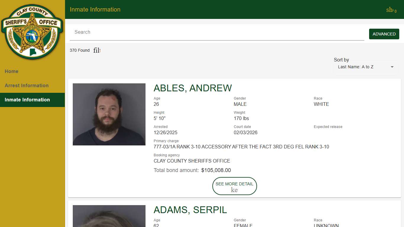 Clay County Sheriff's Office | Police to Citizen - Inmates catalog