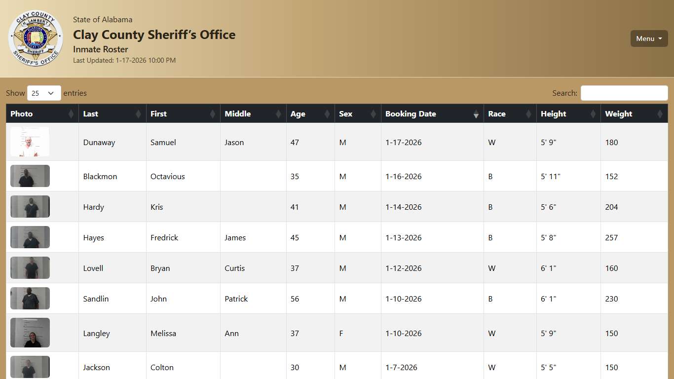 Clay County Sheriff’s Office — Inmate Roster